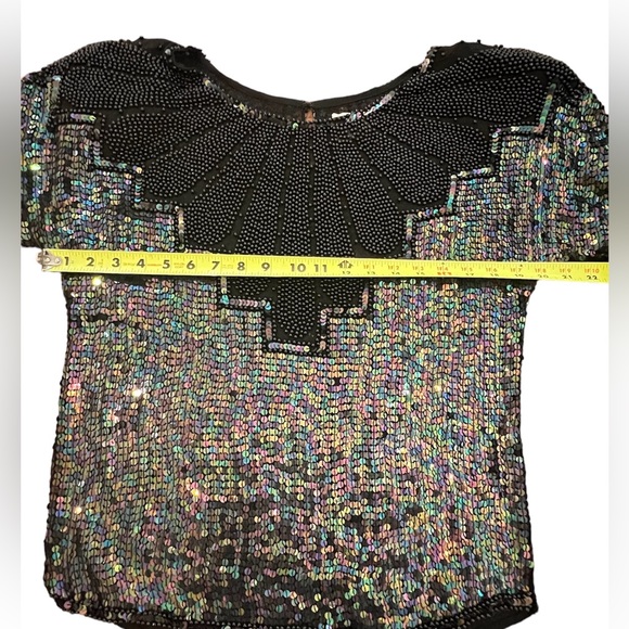 Vintage Original 80's 90's Black Sequins Beaded Top Blouse F.A. Chatta Medium - Picture 9 of 12